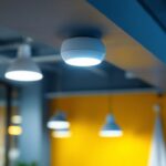 A photograph of a ceiling-mounted occupancy sensor in a well-lit commercial space