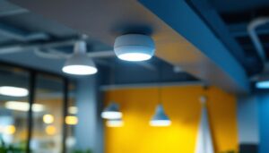 A photograph of a ceiling-mounted occupancy sensor in a well-lit commercial space