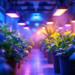 A photograph of a vibrant indoor garden or greenhouse scene illuminated by large grow lights