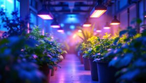 A photograph of a vibrant indoor garden or greenhouse scene illuminated by large grow lights