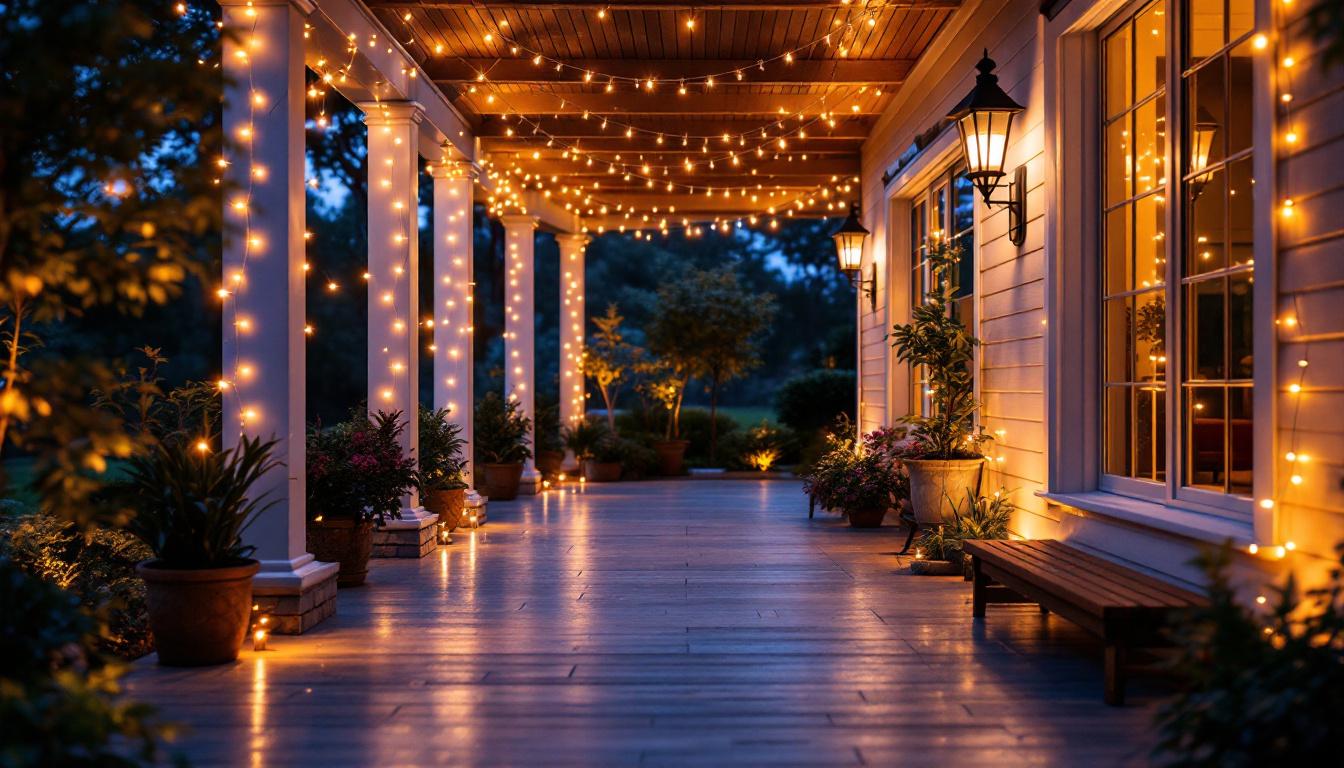 A photograph of a beautifully illuminated outdoor porch featuring led lights