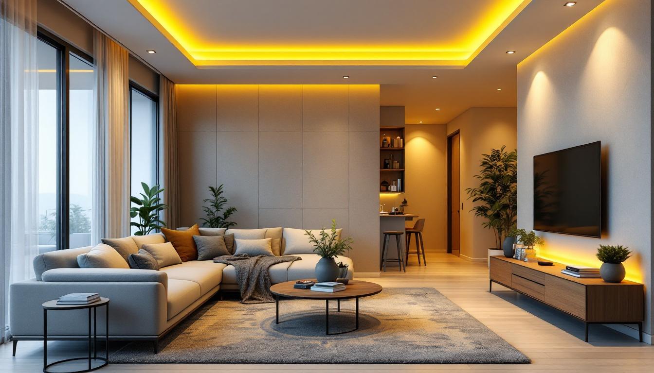 A photograph of a well-designed living space featuring recessed lighting inserts