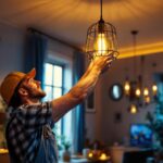 A photograph of a skilled lighting contractor expertly installing a stylish light fixture in a modern home setting