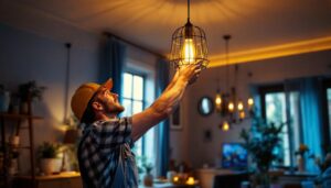 A photograph of a skilled lighting contractor expertly installing a stylish light fixture in a modern home setting