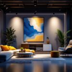 A photograph of a well-designed interior space featuring track lighting that highlights artwork or architectural features