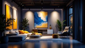A photograph of a well-designed interior space featuring track lighting that highlights artwork or architectural features