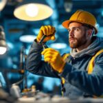 A photograph of a lighting contractor in action