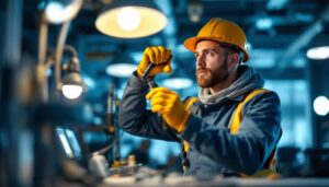 A photograph of a lighting contractor in action