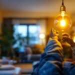 A photograph of a lighting contractor installing a 60w 120v light bulb in a residential setting