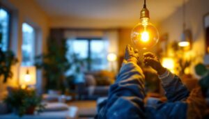 A photograph of a lighting contractor installing a 60w 120v light bulb in a residential setting