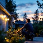 A photograph of a lighting contractor installing motion sensor outdoor lights in a residential backyard during dusk