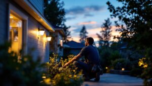 A photograph of a lighting contractor installing motion sensor outdoor lights in a residential backyard during dusk
