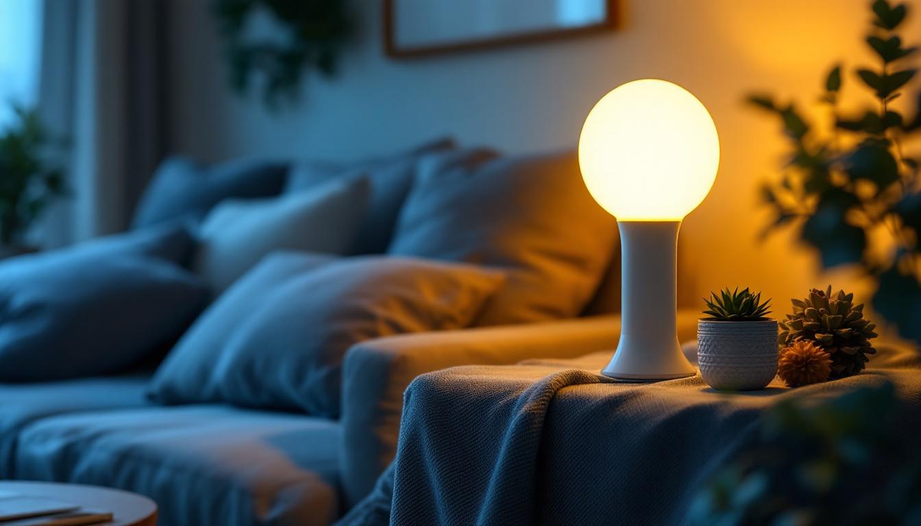 A photograph of a stylishly arranged living space featuring a modern lamp with an automatic timer