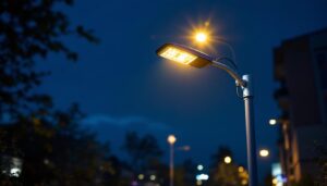 A photograph of a well-lit security light pole installed in a commercial or residential setting