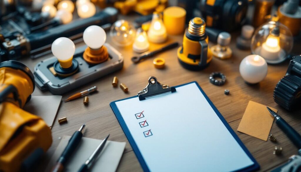 A photograph of a well-organized workspace featuring a variety of high-quality lightbulbs