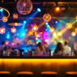 A photograph of a dynamic lighting installation in a vibrant bar setting