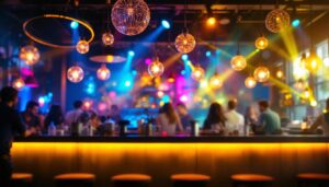 A photograph of a dynamic lighting installation in a vibrant bar setting