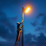A photograph of a lighting contractor installing an led flag pole light at dusk