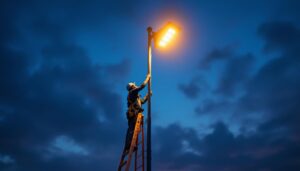 A photograph of a lighting contractor installing an led flag pole light at dusk