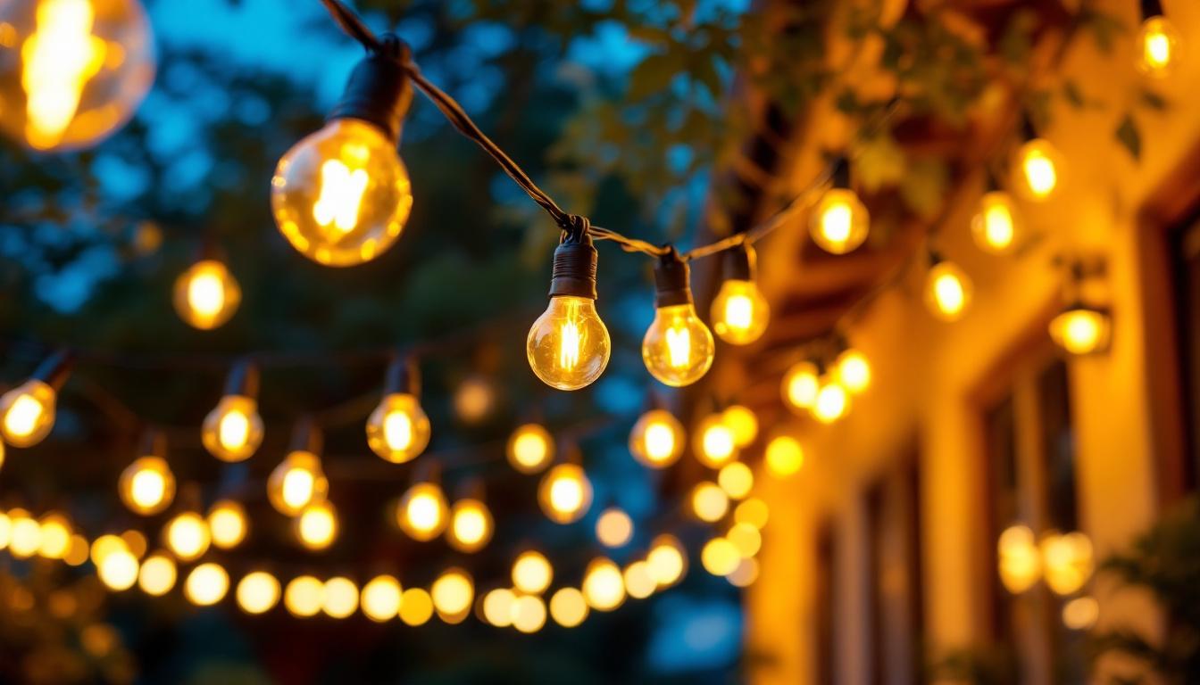 A photograph of a beautifully lit outdoor space adorned with light bulb string lights