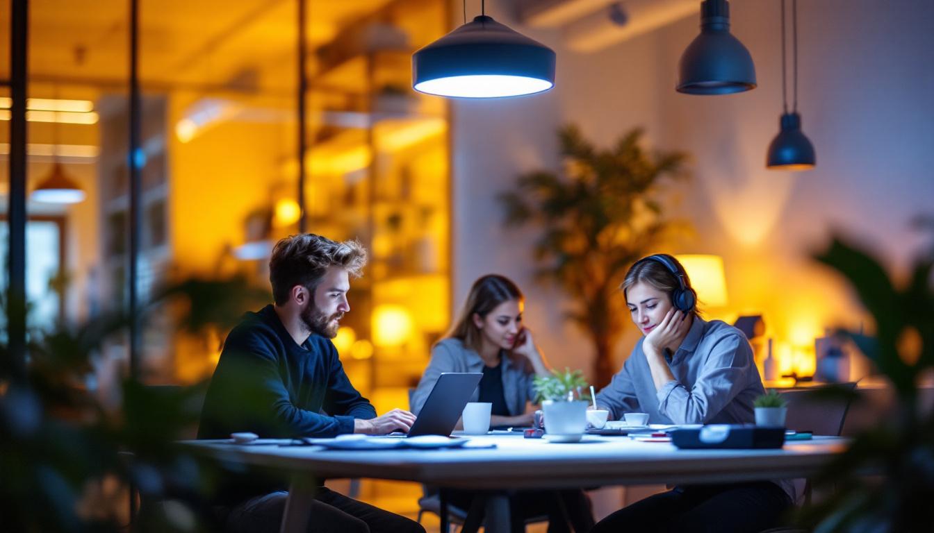 A photograph of a modern workspace featuring the max lite lighting system in action