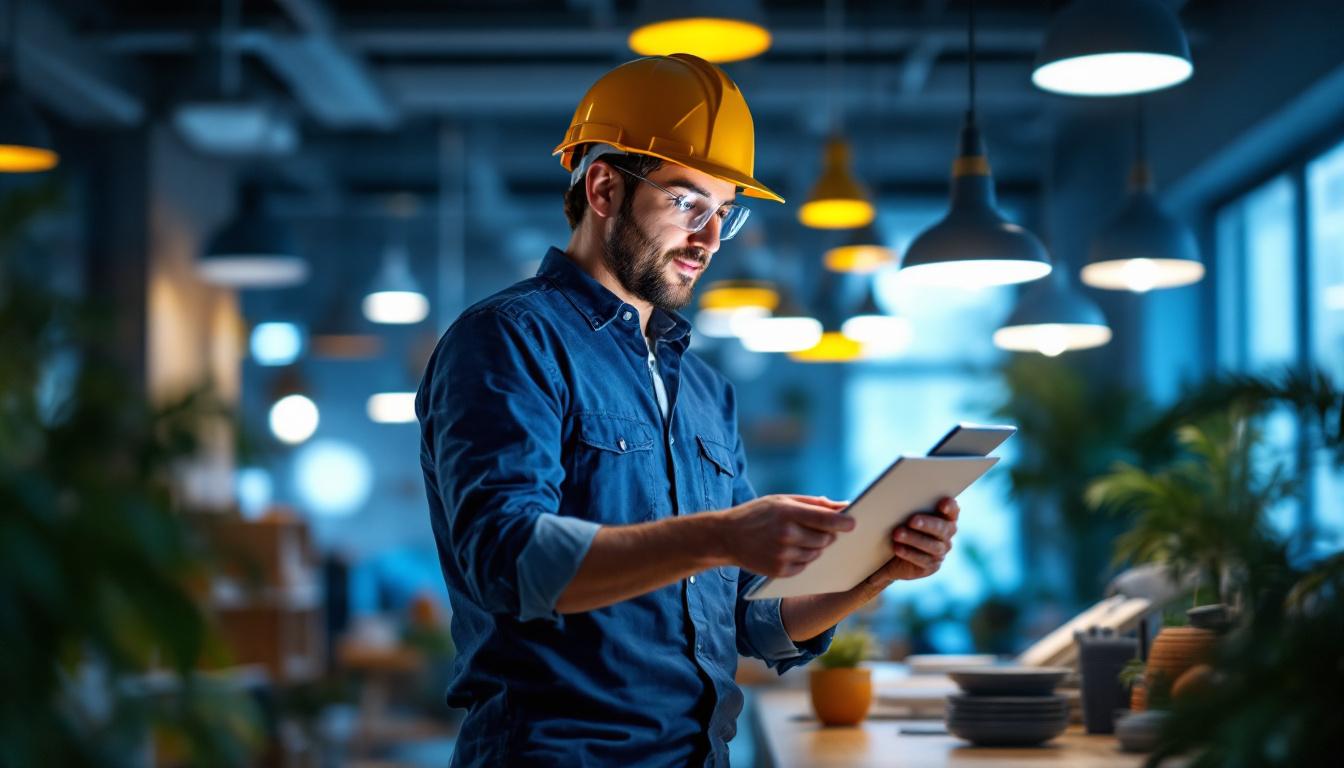 A photograph of a lighting contractor actively engaging with a client in a well-lit space