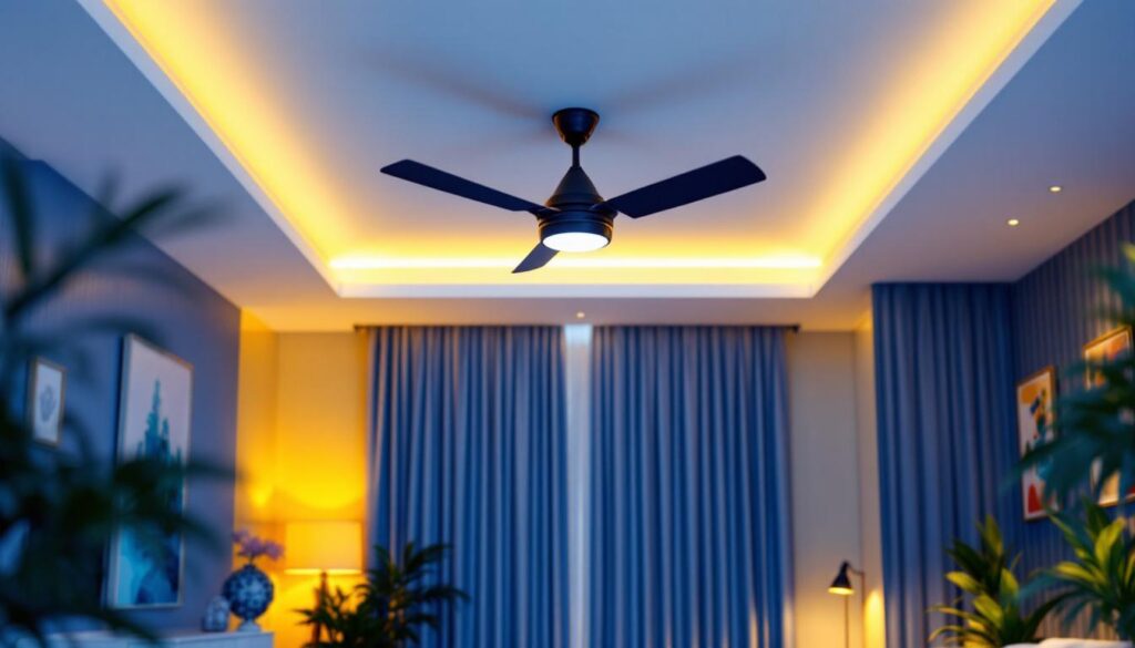 A photograph of a well-lit ceiling fan in a stylish room