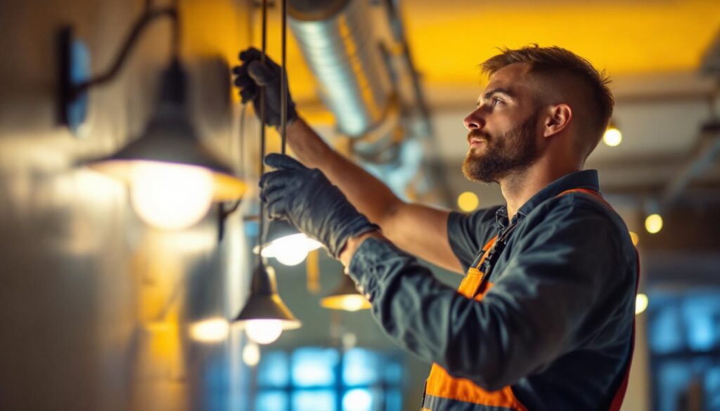 A photograph of a skilled lighting contractor in action