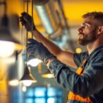 A photograph of a skilled lighting contractor in action
