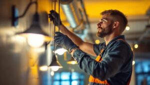 A photograph of a skilled lighting contractor in action