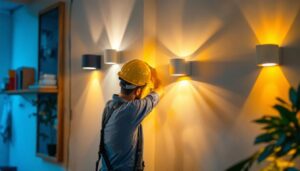 A photograph of a well-lit interior space featuring stylish led wall lights in various designs