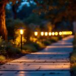A photograph of a beautifully illuminated pathway lined with solar lights at dusk
