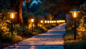 A photograph of a beautifully illuminated pathway lined with solar lights at dusk
