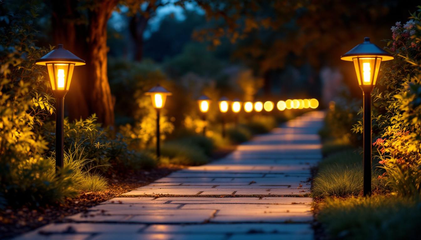 A photograph of a beautifully illuminated pathway lined with solar lights at dusk