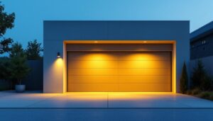 A photograph of a modern garage illuminated by innovative floodlight technology
