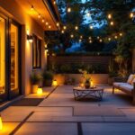 A photograph of a beautifully illuminated outdoor space featuring various types of ambient and task lighting