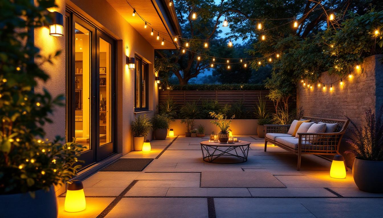 A photograph of a beautifully illuminated outdoor space featuring various types of ambient and task lighting