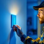 A photograph of a lighting contractor installing or demonstrating a smart switch light in a modern home setting