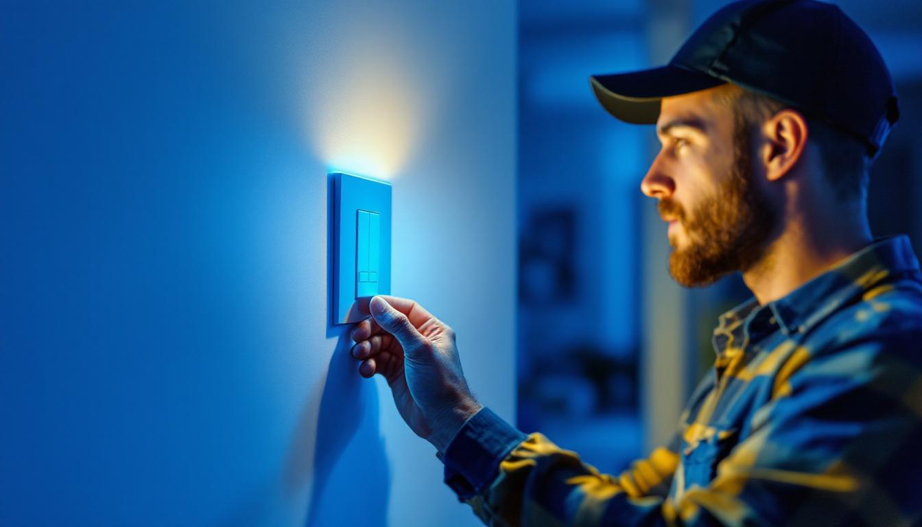 A photograph of a lighting contractor installing or demonstrating a smart switch light in a modern home setting