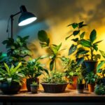 A photograph of a beautifully arranged indoor plant setup illuminated by various types of lamps
