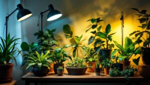 A photograph of a beautifully arranged indoor plant setup illuminated by various types of lamps