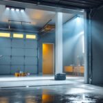 A photograph of a well-lit garage showcasing a flood light installation