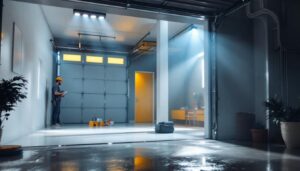 A photograph of a well-lit garage showcasing a flood light installation
