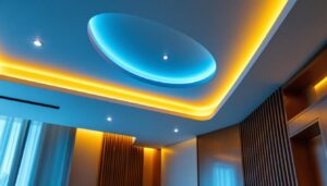 A photograph of a beautifully designed recessed ceiling featuring integrated lighting