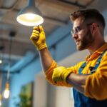 A photograph of a skilled lighting contractor expertly installing or adjusting ac lighting fixtures in a modern space