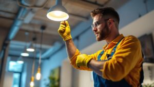 A photograph of a skilled lighting contractor expertly installing or adjusting ac lighting fixtures in a modern space