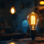 A photograph of a vintage lightbulb glowing warmly in a dimly lit workshop