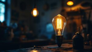 A photograph of a vintage lightbulb glowing warmly in a dimly lit workshop