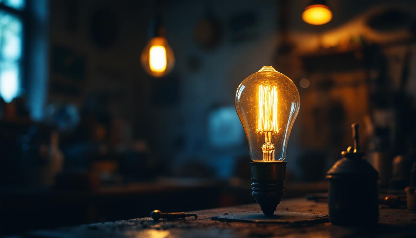 A photograph of a vintage lightbulb glowing warmly in a dimly lit workshop