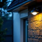 A photograph of a lighting contractor installing a security light with a motion sensor in a residential setting